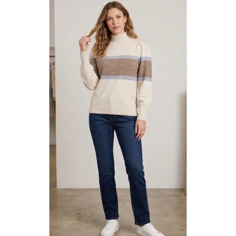 Democracy Womens Knit Sweater Large Beige Blue Striped Puff Sleeve Mock Neck